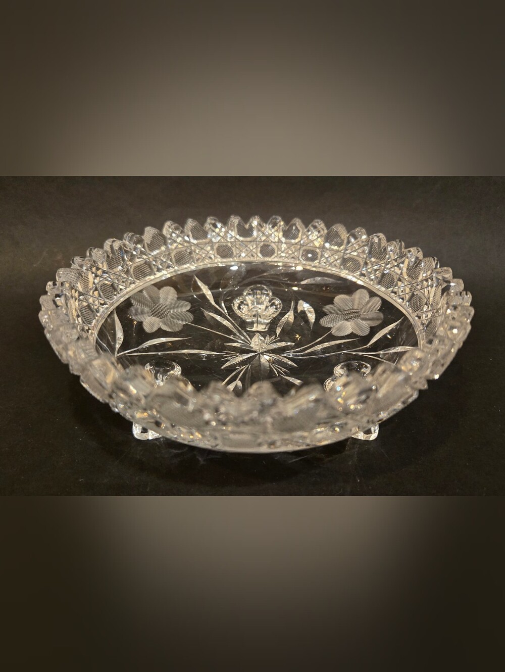 Vintage Crystal Cut Etched Footed Decorative Bowl - Home Art